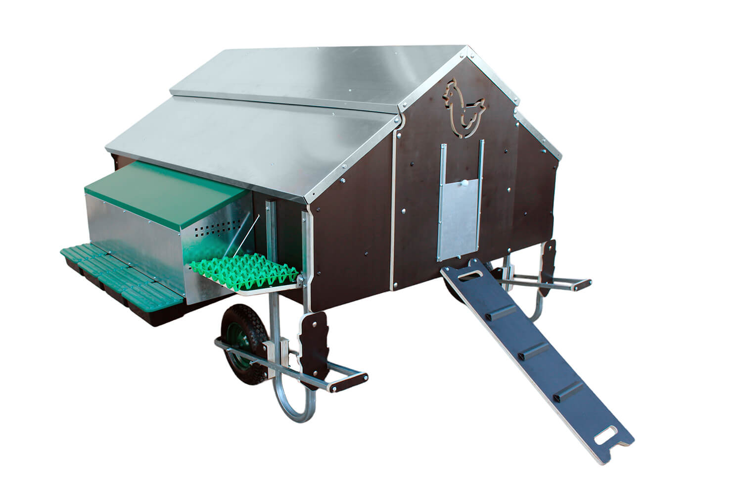 Mobile Chicken Coop for 15-30 hens, 150x180cm, incl. laying nest (4 places), drinker (55l), waste ditch grill bottom and perches
